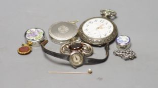 Two white metal and enamel pill boxes including one silver, a lady's 800 standard Baume wrist watch,