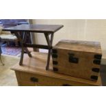 A rectangular oak X frame occasional table, width 61cm, depth 39cm, height 49cm together with a