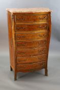 An early 20th century French Louis XVI style parquetry semanier, with marble top and seven ormolu