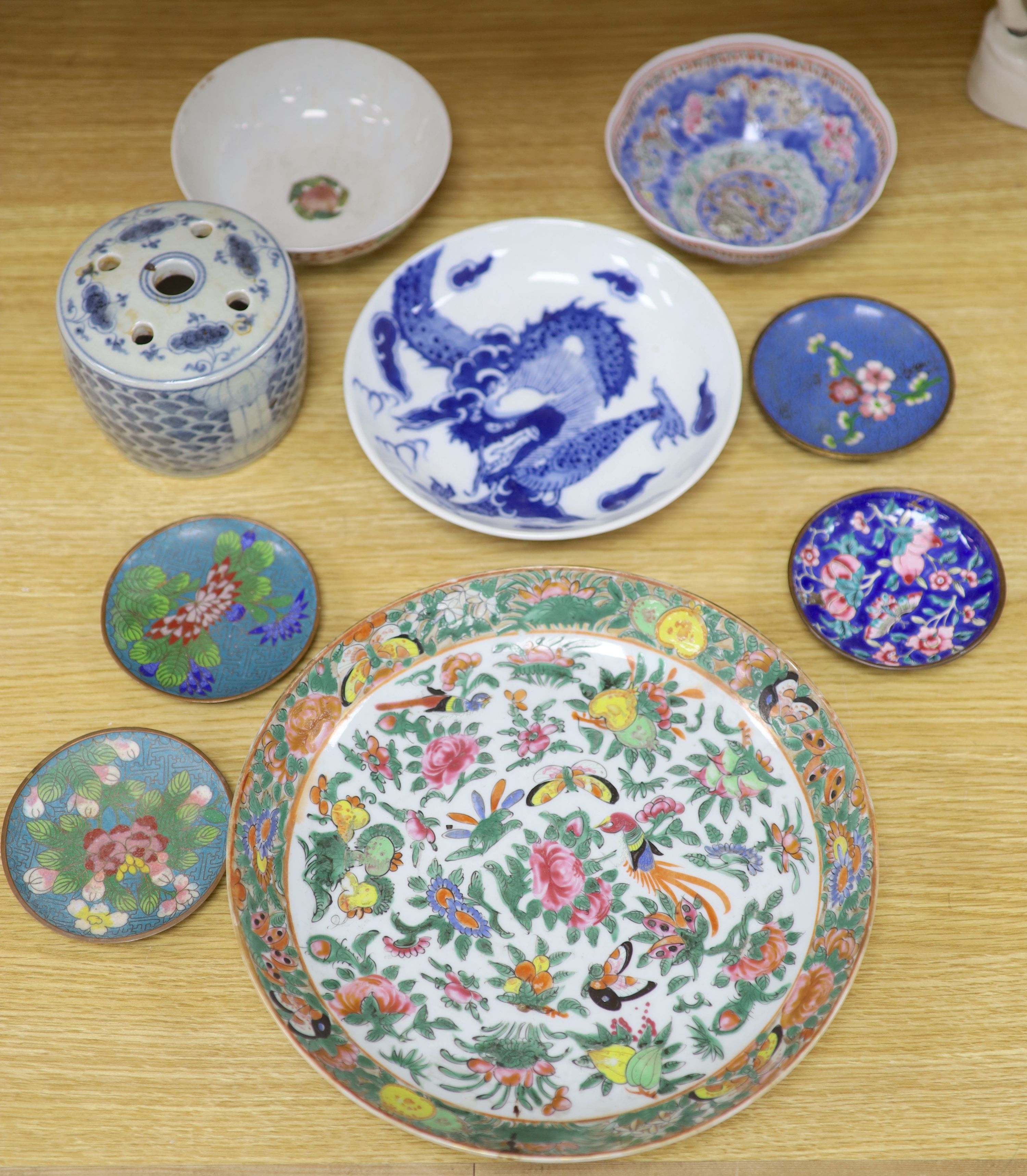 A quantity of Chinese and Japanese ceramics, including a blue and white 'dragon' dish, a Cantonese