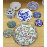 A quantity of Chinese and Japanese ceramics, including a blue and white 'dragon' dish, a Cantonese