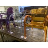 Four Philippe Starck style coloured and clear perspex chairs, largest 58cm, depth 50cm, height 83cm