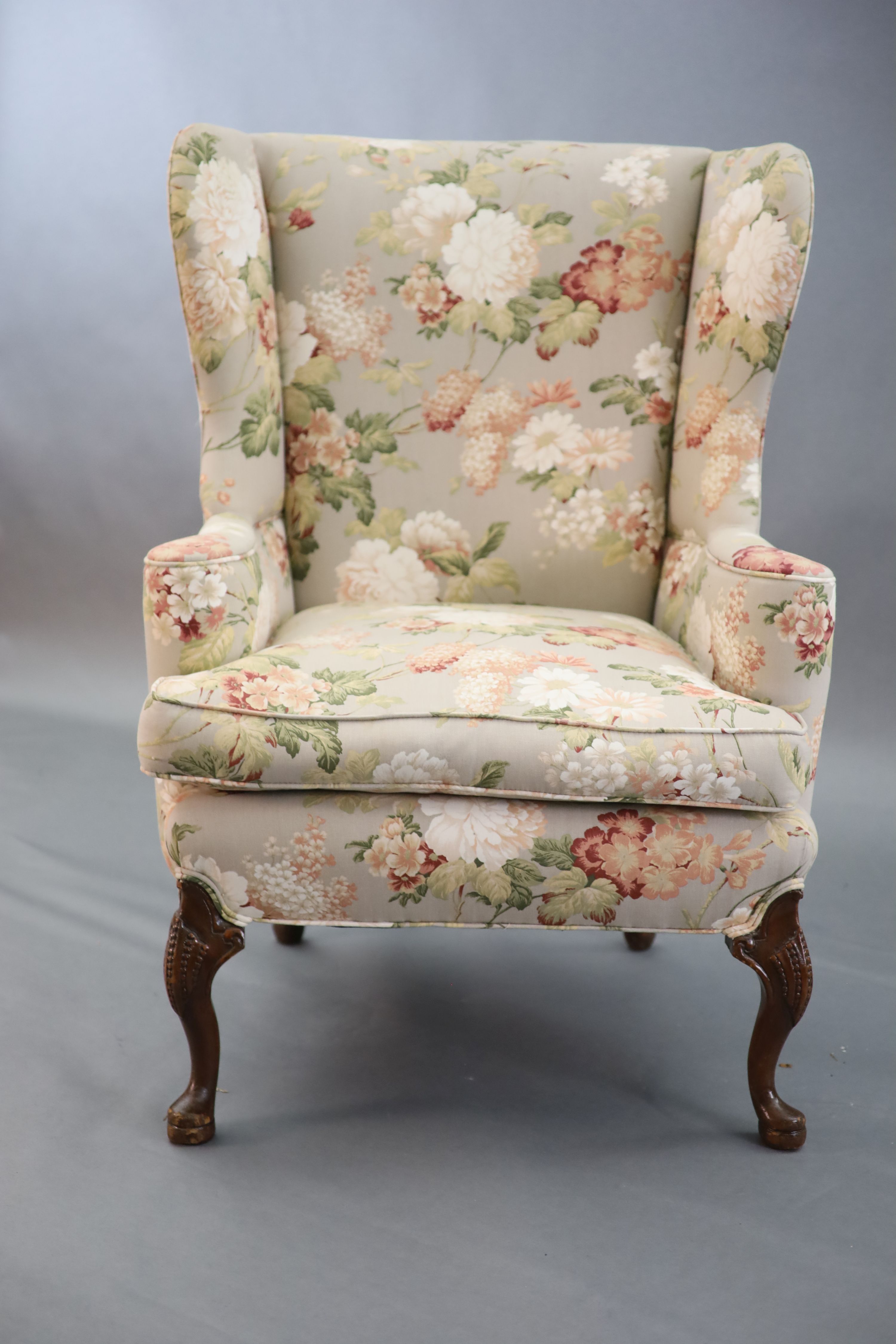 A French Hepplewhite style wing armchair together with a matching contemporary footstool - Image 3 of 9