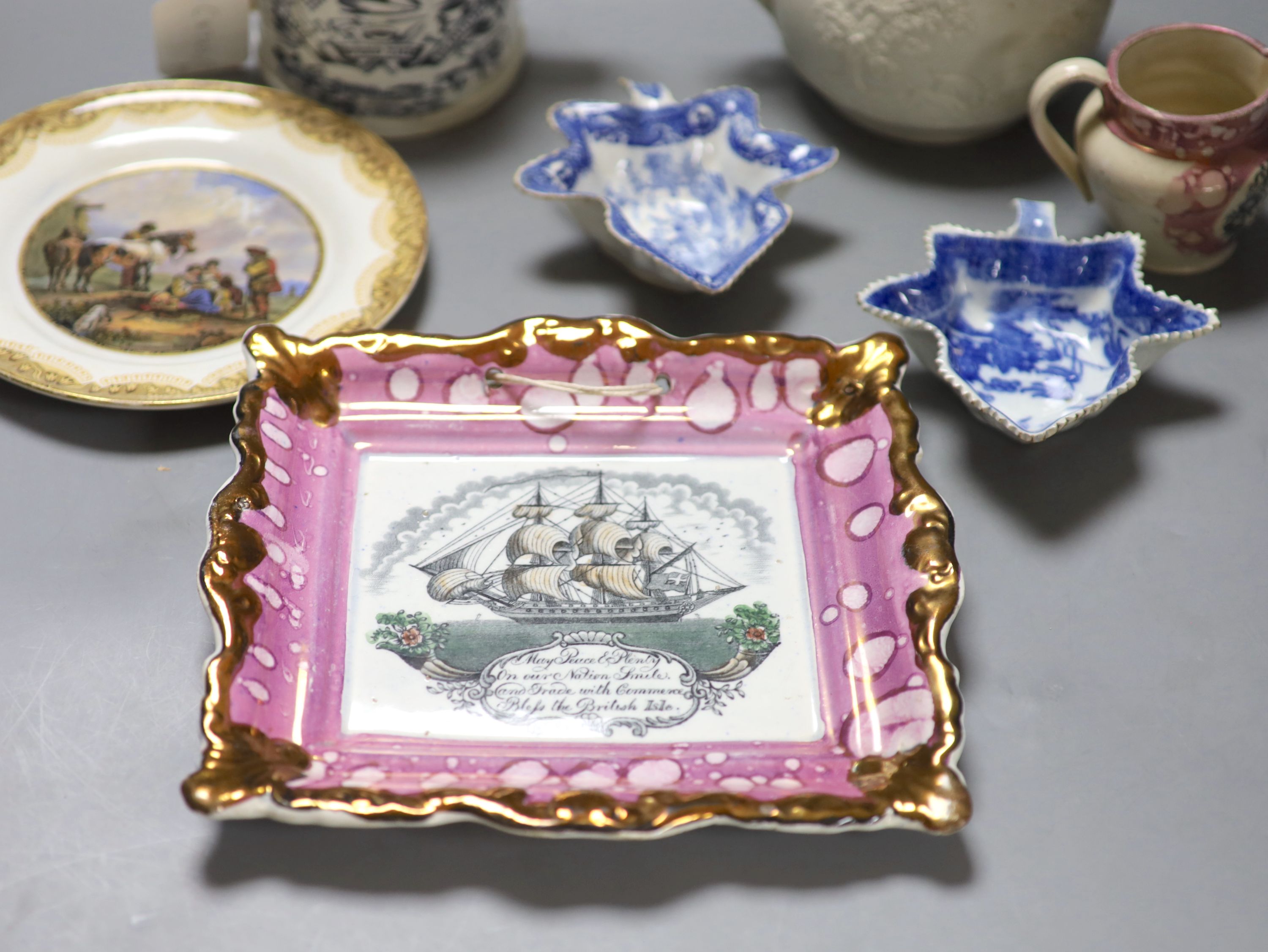 A quantity of mixed Victorian ceramics including a Sunderland lustre plaque, a jug, a two handled - Image 2 of 7