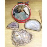 An amethyst geode section and assorted mineral specimens