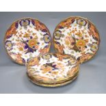 A set of six Royal Crown Derby dessert dishes, decorated in an Imari palette, diameter 23cm