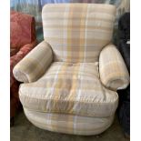 A modern Victorian style armchair, upholstered in cream ground chequered fabric, width 90cm, depth