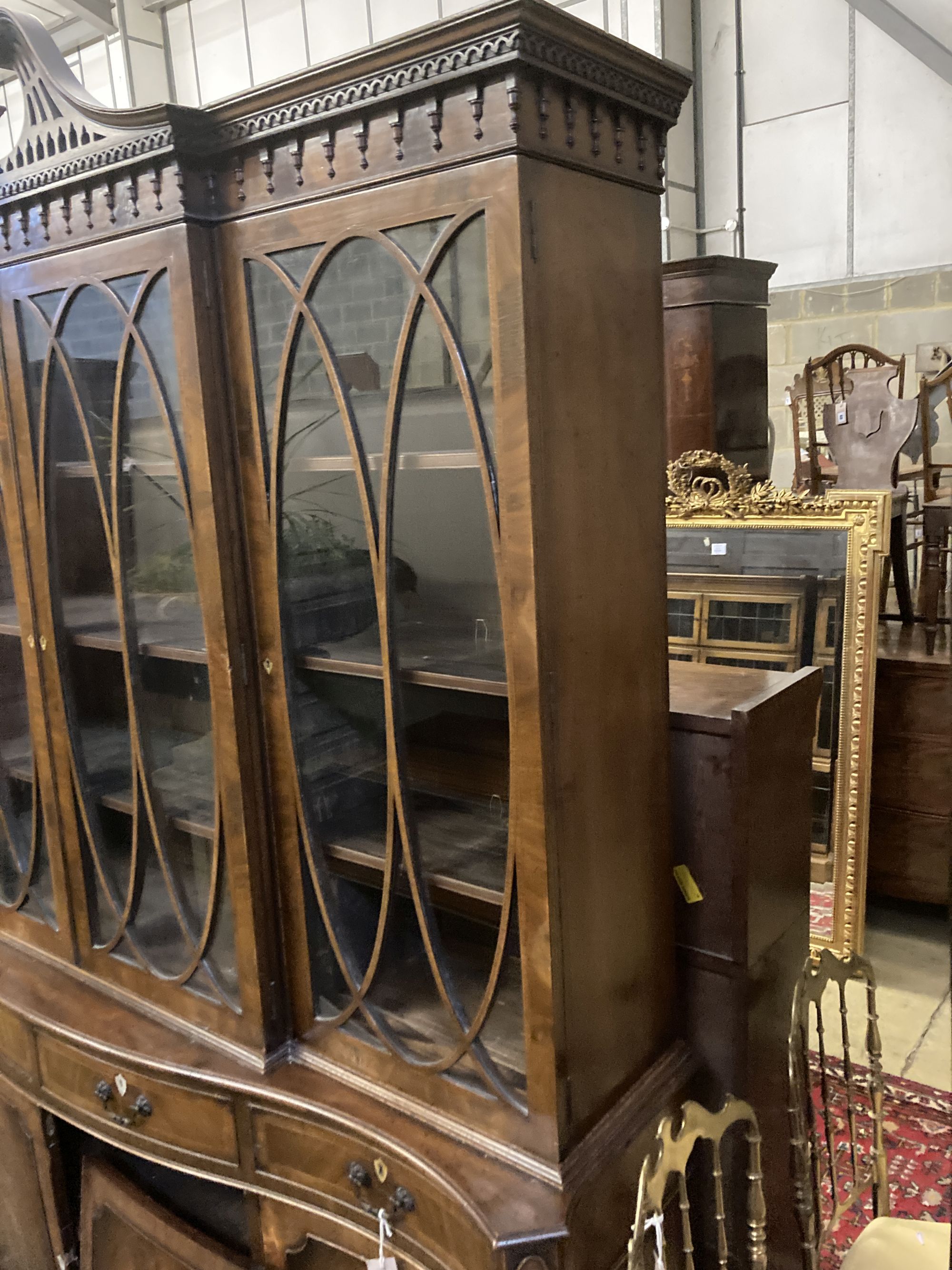 A George III style mahogany and walnut banded breakfront bookcase, with pierced broken swan neck - Image 2 of 5