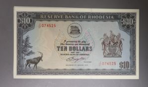 Reserve bank of Rhodesia, ten $10 dollar banknotes, consecutive serial numbers J/57- 2 January