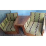 An Art Deco oak three section conversation seat, possibly with its original upholstery, width 170cm,