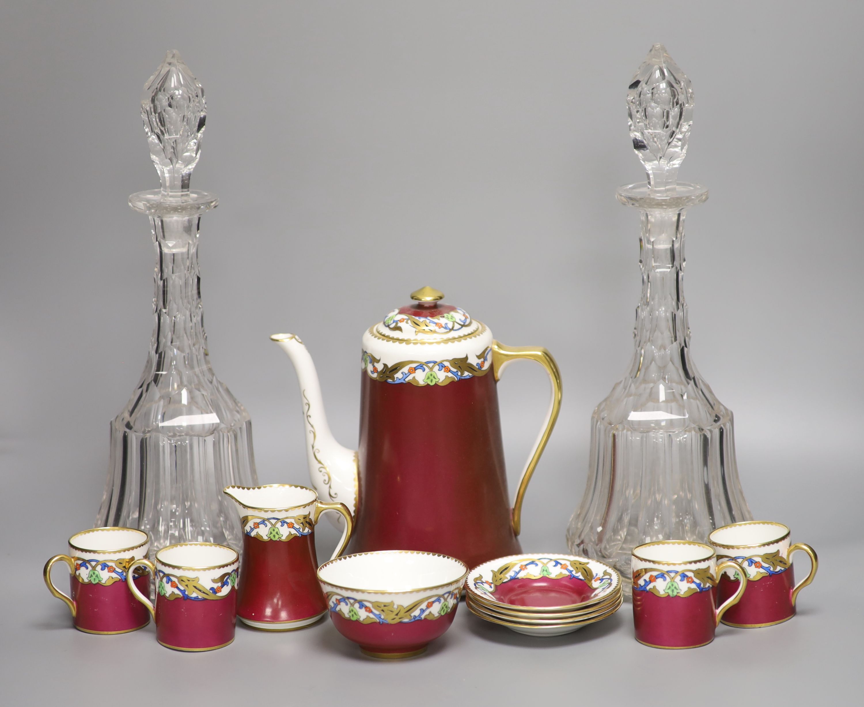 A Royal Albert coffee service and a pair of cut glass decanters