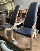 A pair of Bark furniture bespoke beech lounge chairs, one with arms. height 120cm, width 70cm, depth