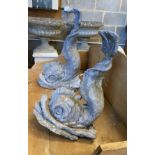 Two cast lead Florentine style dolphin garden ornaments, height 39cm