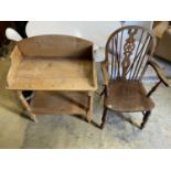 A Victorian pine two tier washstand and an elm and ash Windsor elbow chair