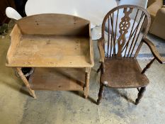 A Victorian pine two tier washstand and an elm and ash Windsor elbow chair