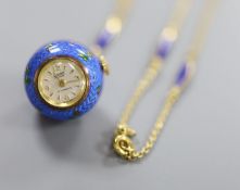 A Swiss blue enamelled and yellow metal globular fob watch on a gilt metal and enamelled chain,