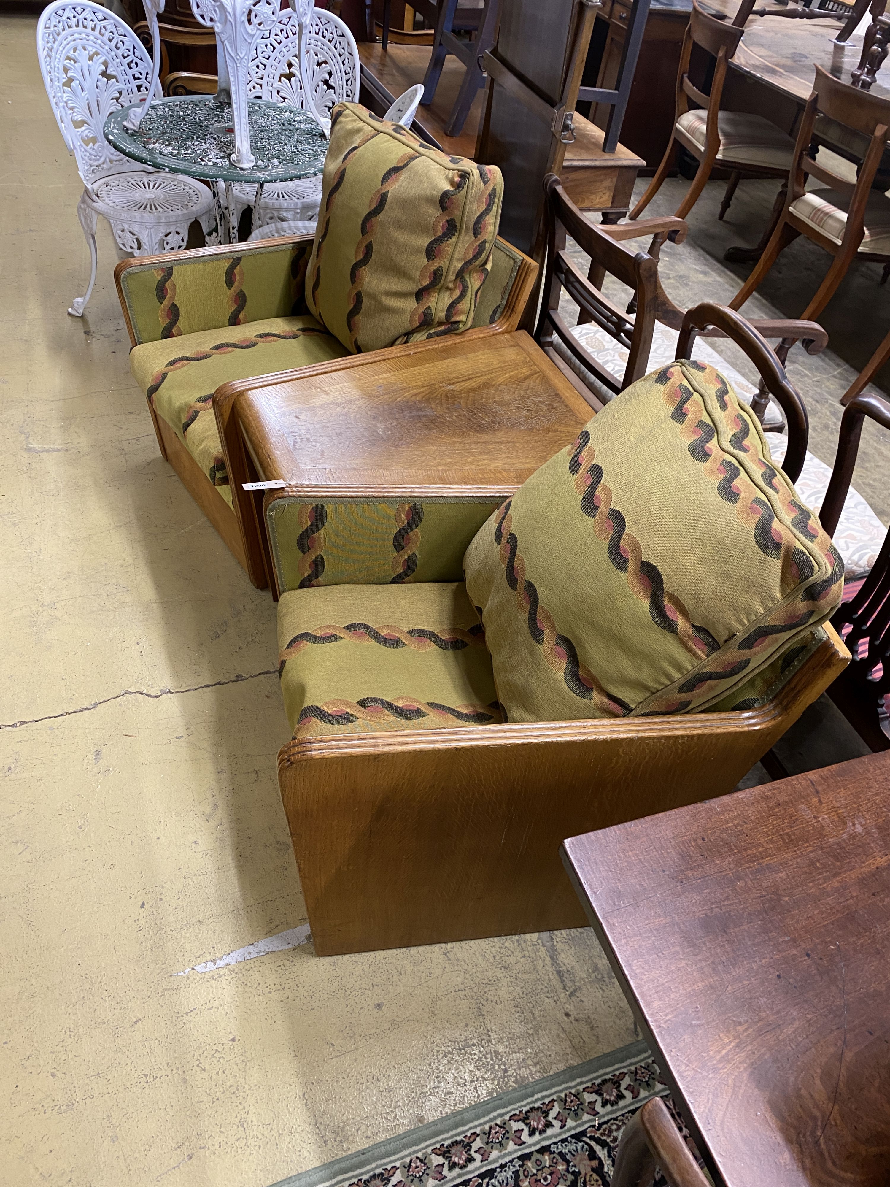 An Art Deco oak three section conversation seat, possibly with its original upholstery, width 170cm, - Image 5 of 5