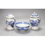 A pair of 19th century Chinese blue and white jars, 21cm high including lids and covers and a