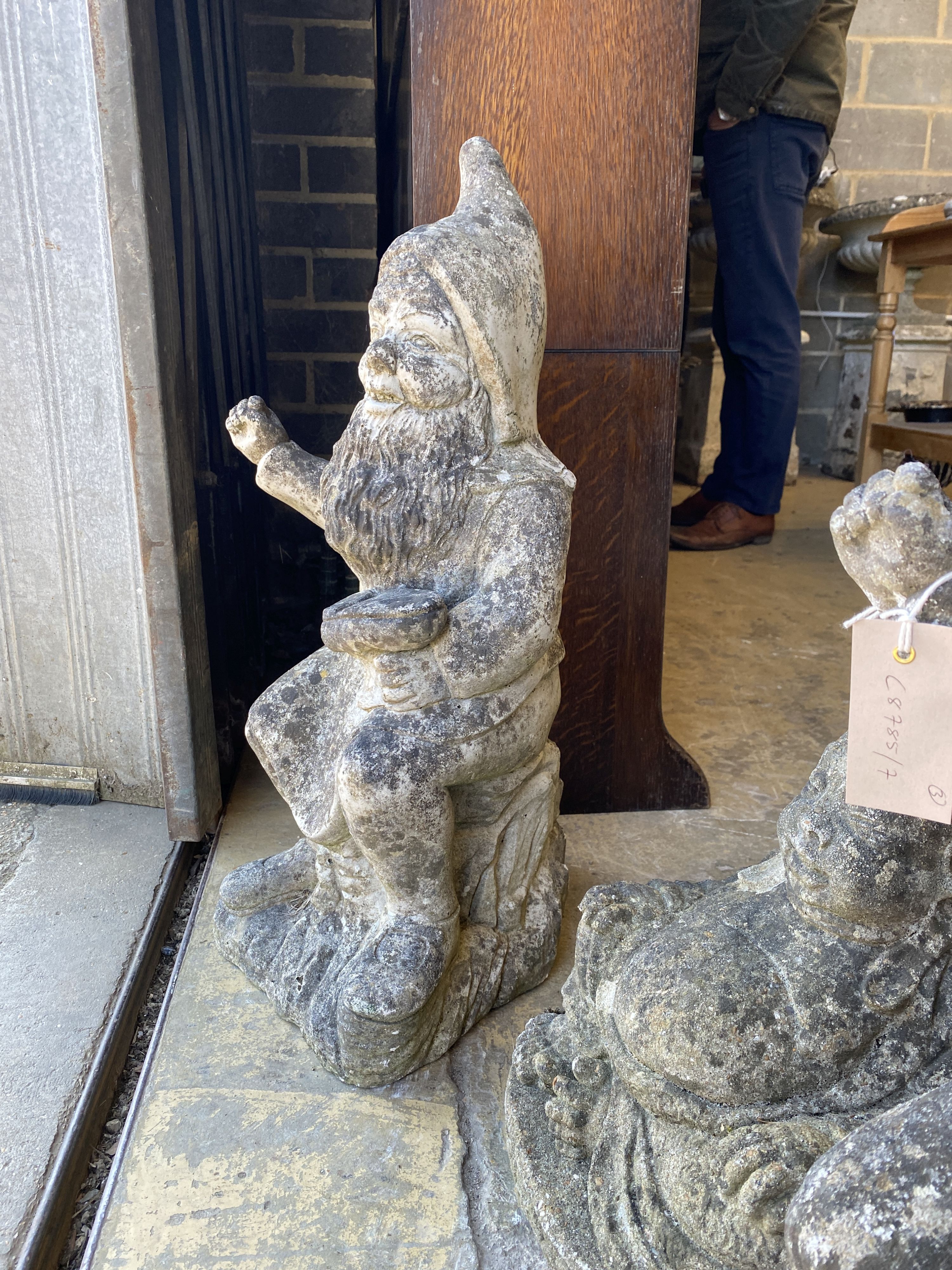 A pair of reconstituted stone garden gnomes, height 62cm together with a seated Buddha - Image 3 of 4