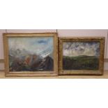 Peter Bishop, oil on canvas and on board, Landscape Kent and Scottish Highlands, both labelled, 29 x