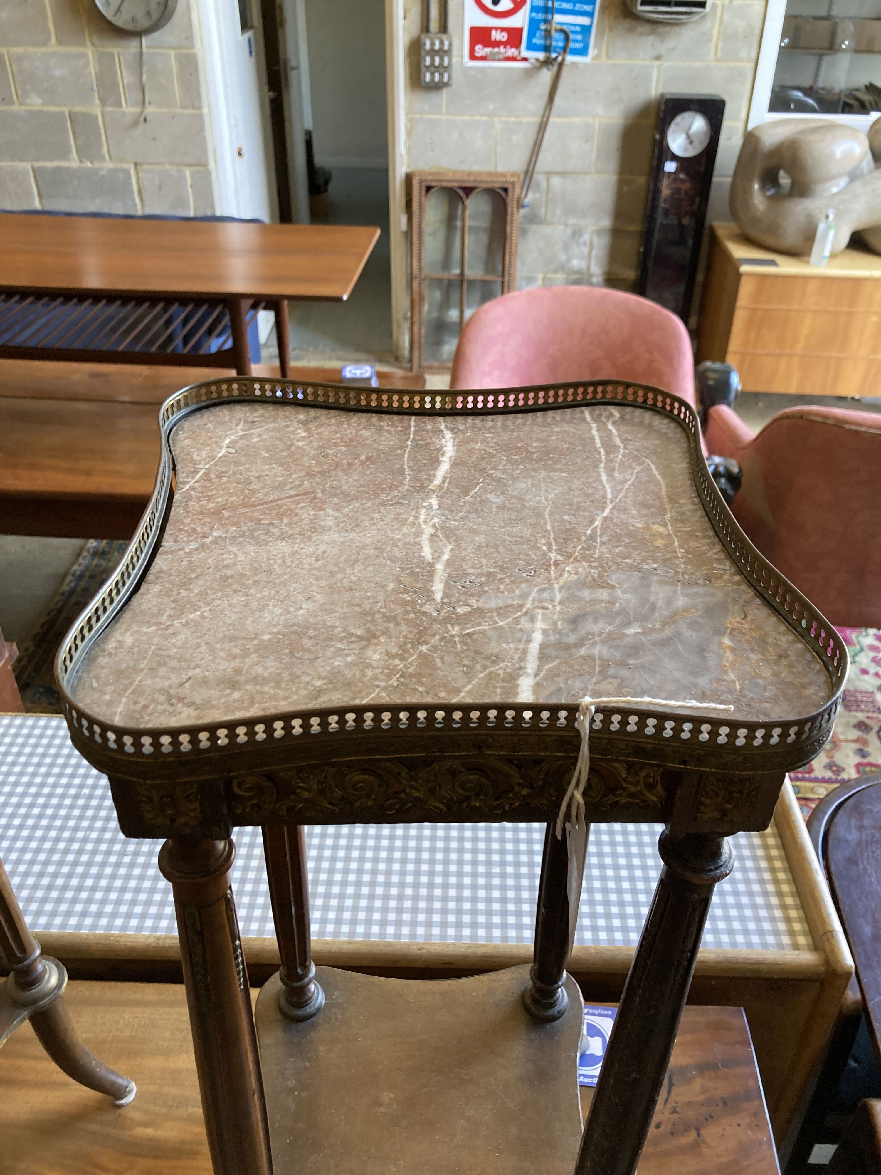 A near pair of French marble top two tier plant stands, larger width 30cm, depth 30cm, height 82cm - Image 3 of 7