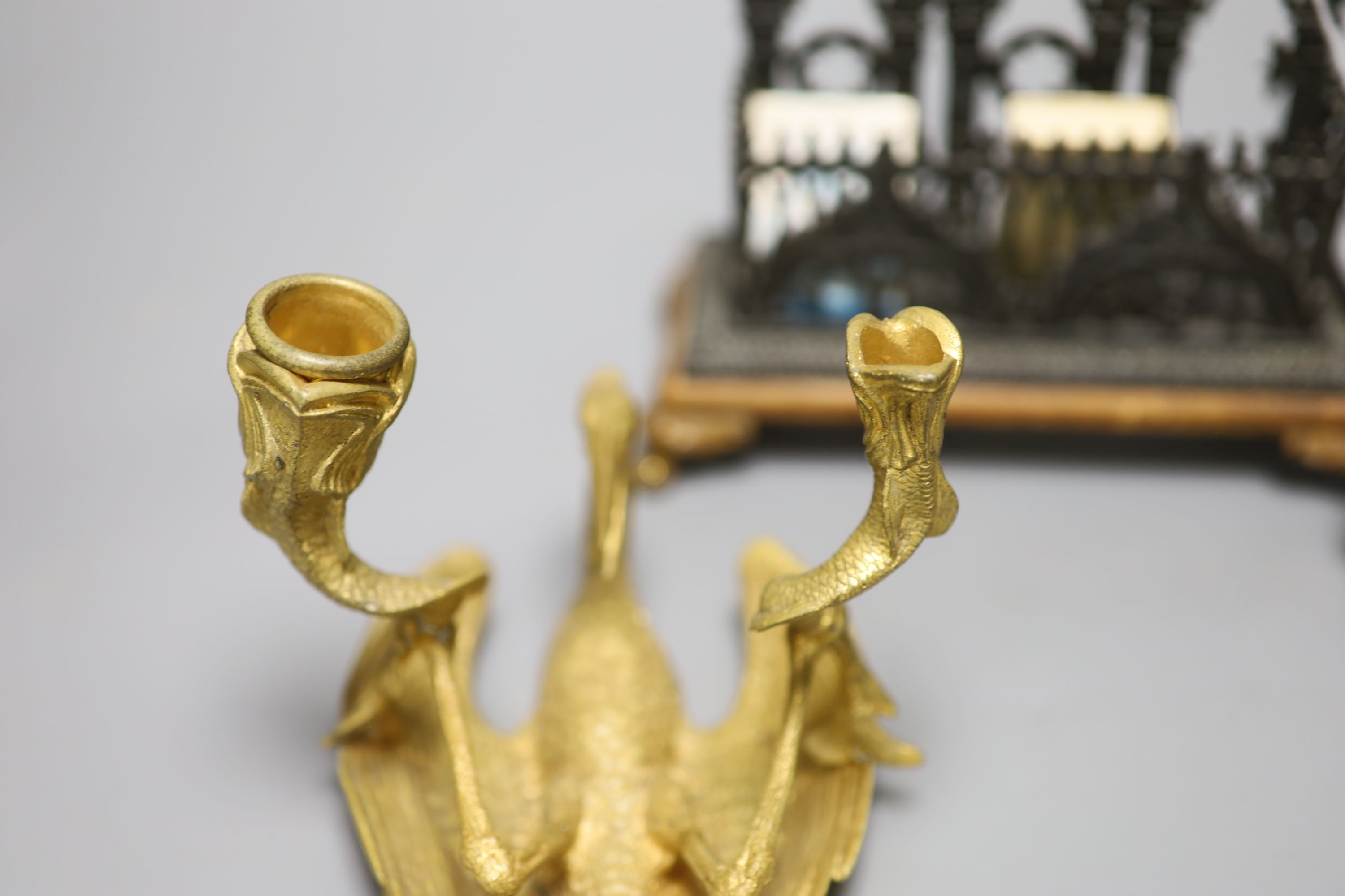 A novelty skull inkwell letter rack and a crane two branch candlestick - Image 3 of 5