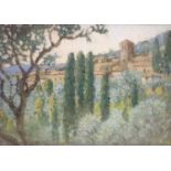 French School, oil on canvas board, View of Assisi, Italy, indistinctly signed, 23 x 32cm