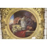 Victorian School, oil on canvas, Still life study of an ivory flagon and fruit upon a ledge,