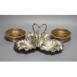 A pair of Sheffield silver plated wine coasters and plated hors d'oevres