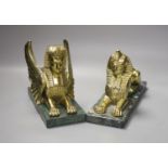 Two brass sphinx, one winged, on marble bases, tallest 17cm