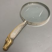 A modern parcel gilt silver handled magnifying glass, the handle modelled as a horse's head, maker