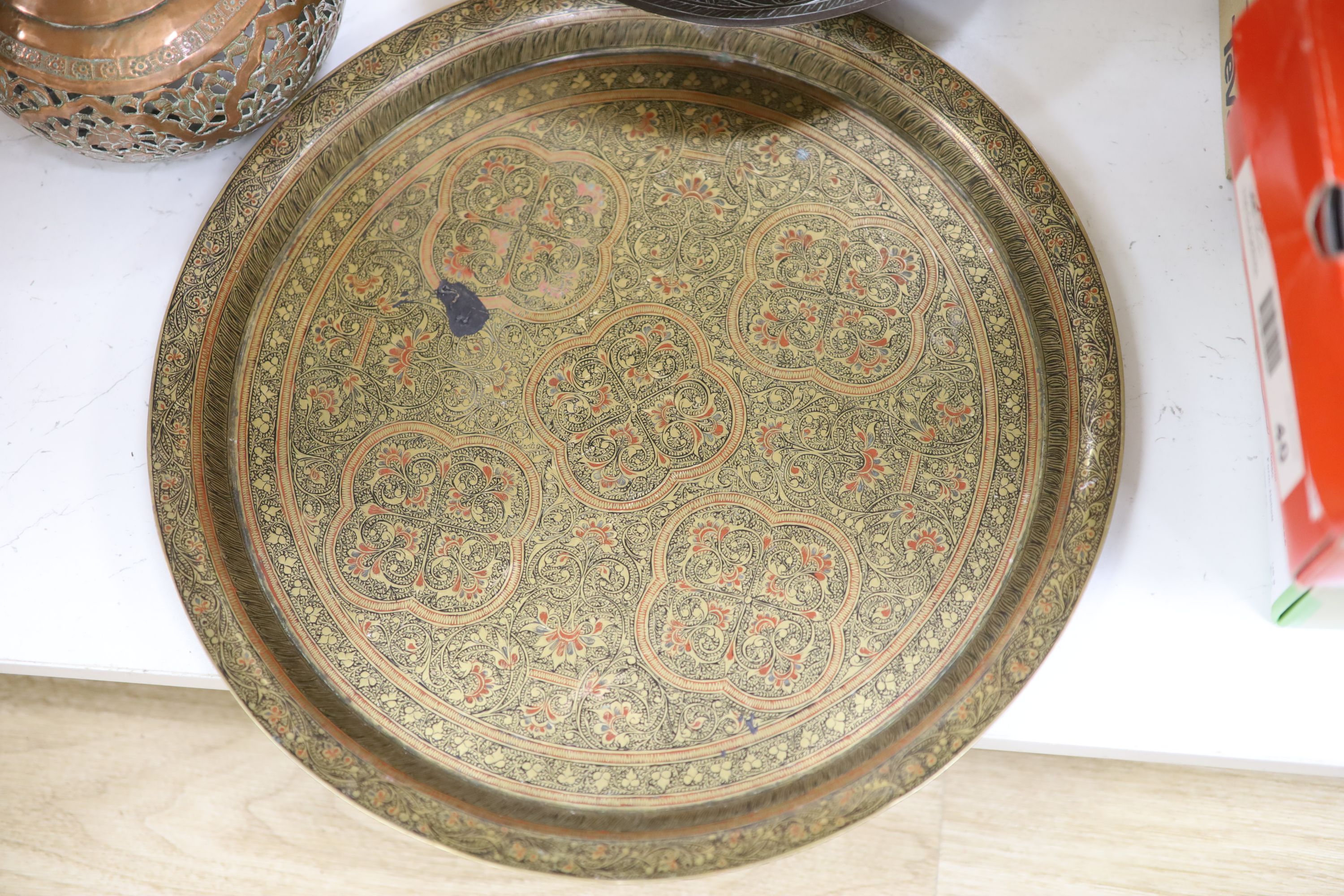 A group of Asian and copper trays, bowls etc - Image 3 of 5