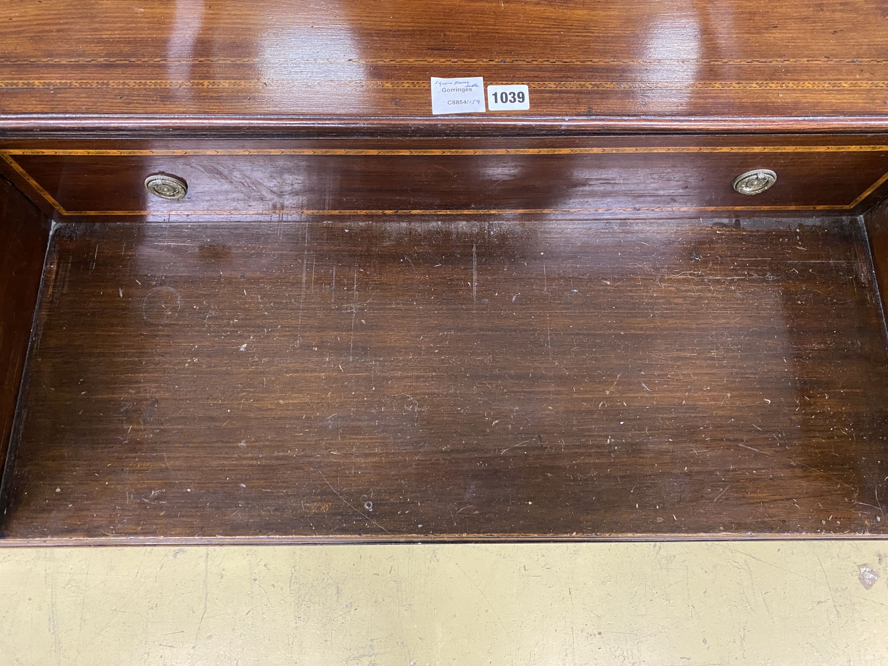 A mid 19th century mahogany dressing table, converted from a square piano, decorated with - Image 4 of 4