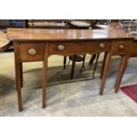 A late George III mahogany three drawer serving table, width 150cm, depth 46cm, height 85cm