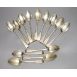 Thirteen assorted George III and later silver fiddle or Old English pattern tablespoons, various