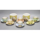 A pair of Dresden cache pots and a Danish porcelain coffee set, tallest 9.5cm