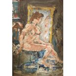 Modern British, oil on card, Seated female nude, 36 x 23cm