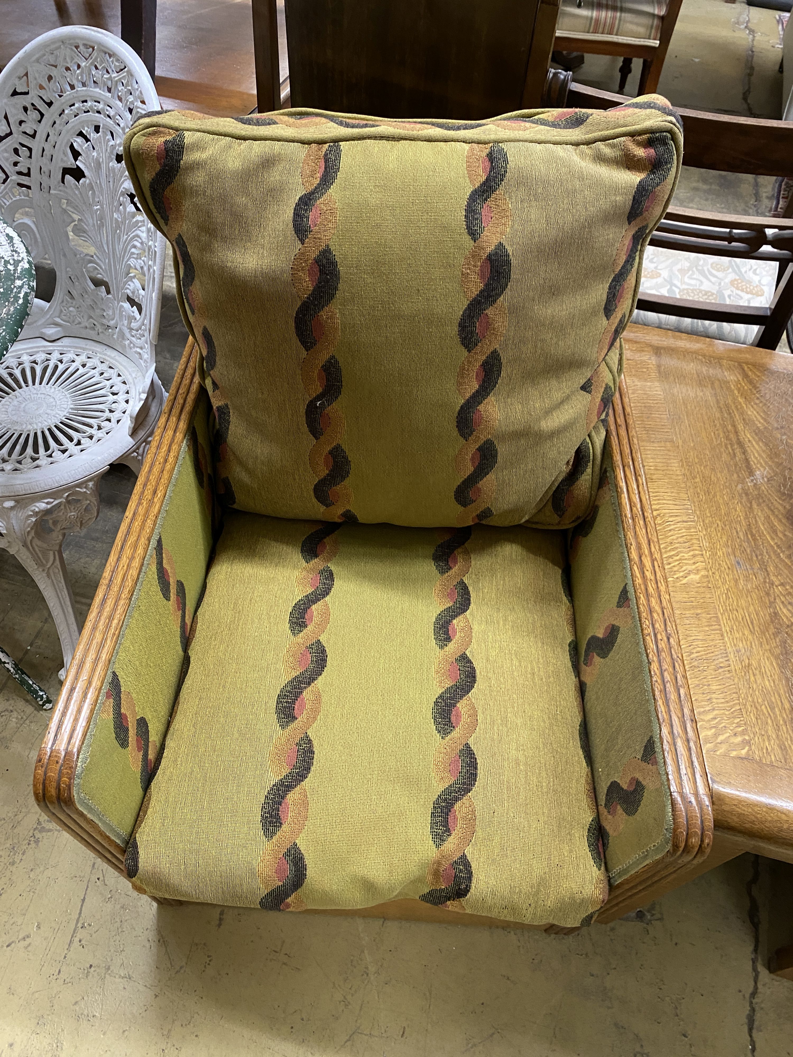 An Art Deco oak three section conversation seat, possibly with its original upholstery, width 170cm, - Image 3 of 5