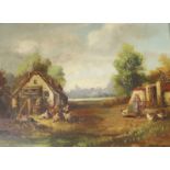 Demeret, oil on board, Landscape with woman feeding chickens, 28 x 34cm