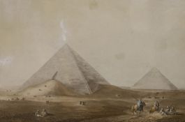 Milon after Luigi Meyer, coloured aquatint, "First and Second Pyramid of Gizah, Ancient Memphis", 25
