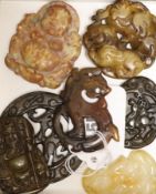 Seven Chinese jadeite and hardstone carved plaques and pendants, 5.5cm