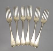 A set of six Victorian silver Old English pattern table forks, Lias & Lias, London, 1871, 14.5oz.
