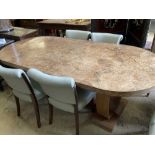 An Art Deco burr walnut dining table, width 214cm, depth 99cm, height 76cm together with four