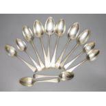 A harlequin set of six George III and later silver tablespoons and six dessert spoons, various dates