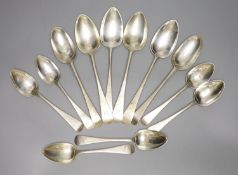 A harlequin set of six George III and later silver tablespoons and six dessert spoons, various dates