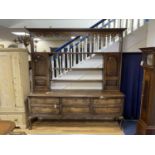 A late 18th century oak dresser, length 218cm, depth 46cm, height 228cm