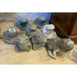 Eight reconstituted stone garden ornaments of frogs and toads, three as fountain heads, largest 18cm