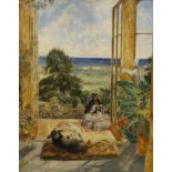 Victorian School, oil on panel, Miss Robson on the terrace of her house, Penally Abbey, Near
