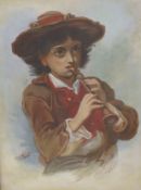 E. Broughton, oil on canvas, Portrait of an alpine boy playing a recorder, signed and dated 1906, 35