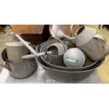 Eight assorted galvanised tubs, feeders and watering cans, largest 80cm, width 56cm